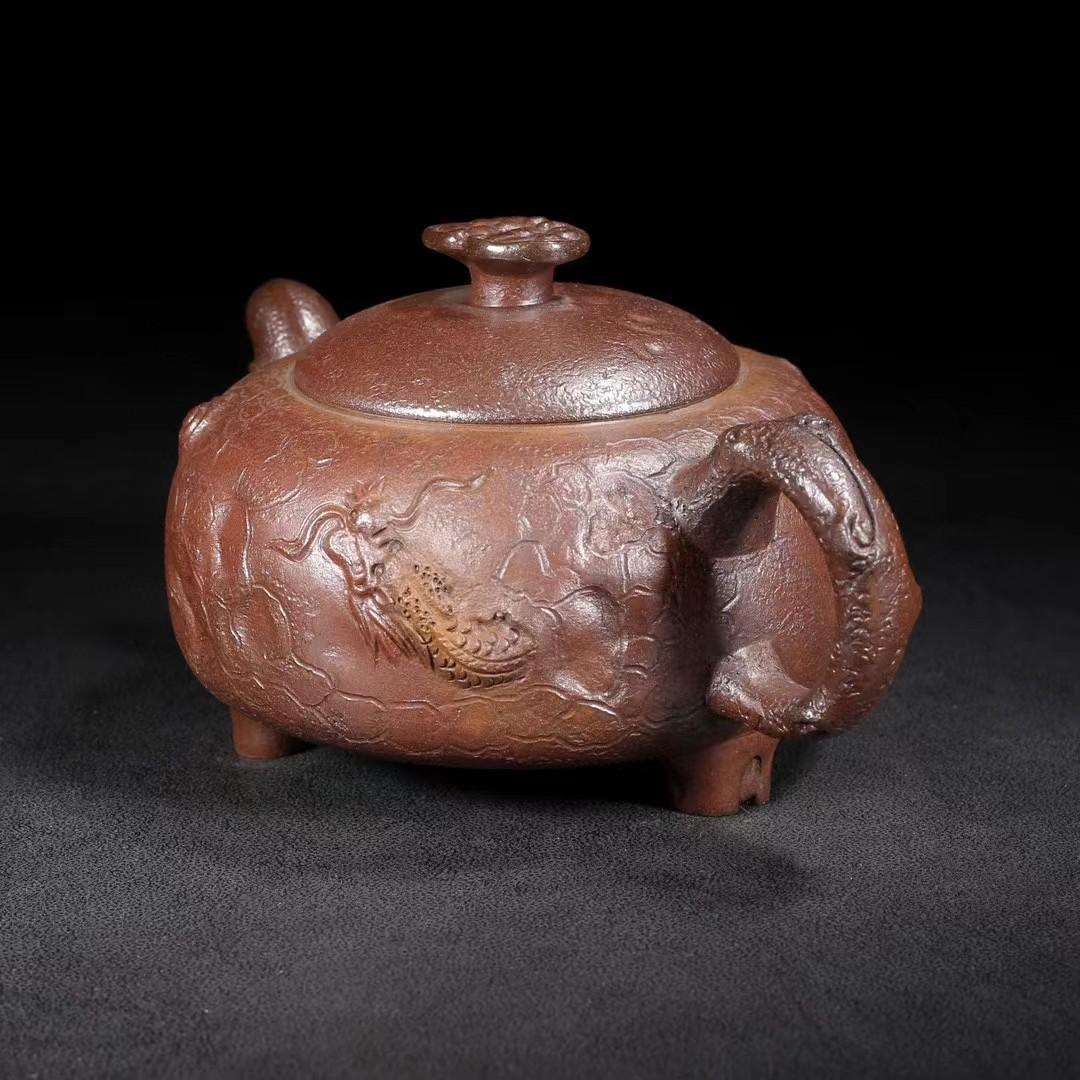 中国古美術・原礦底槽清・燕亭製陶紋・供春（高温窑变）紫砂壺・紫泥急須・茶壺・賞物