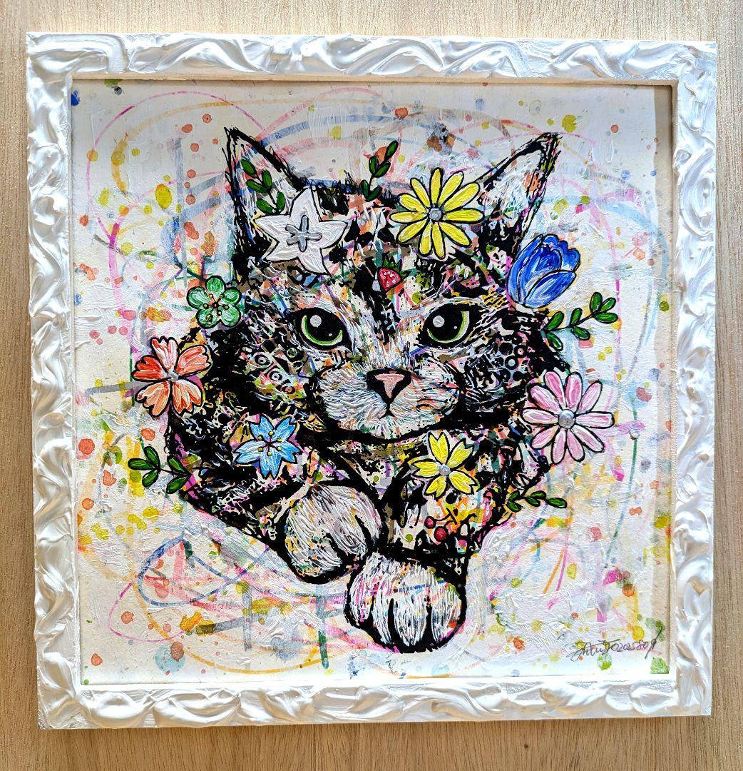 リクエスト！スイカ大サイズ✨手作り額付き作品「へい！お待ちニャンコ」