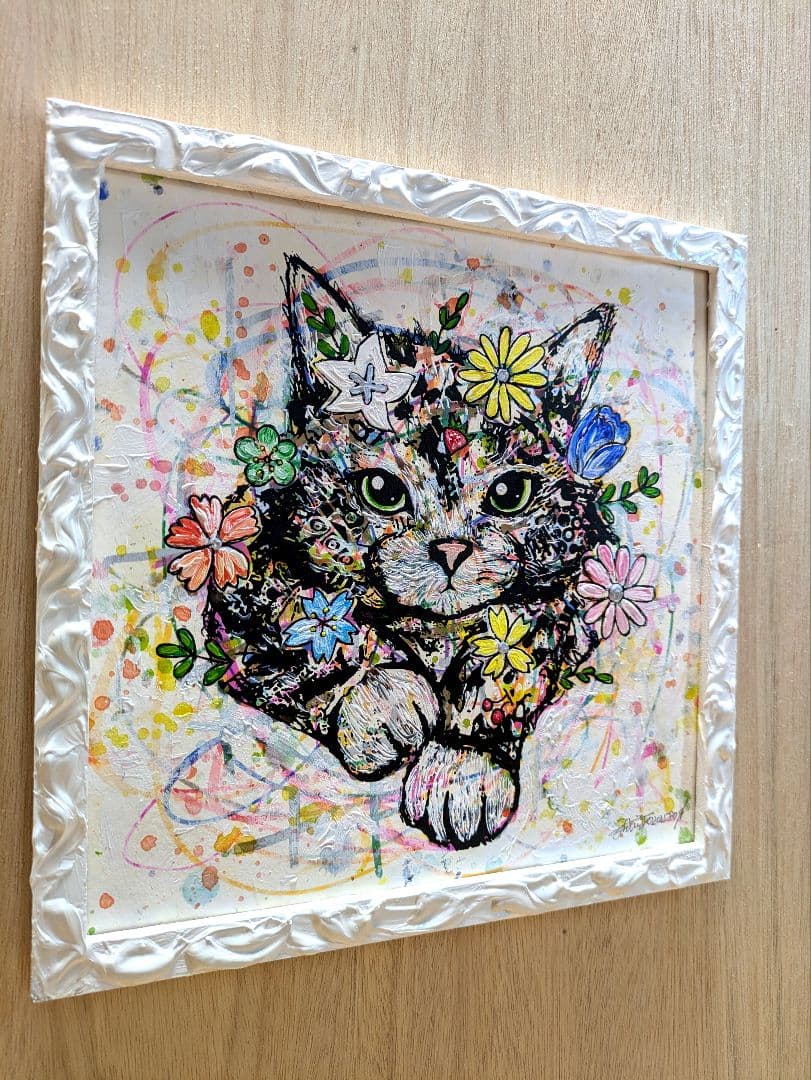 リクエスト！スイカ大サイズ✨手作り額付き作品「へい！お待ちニャンコ」