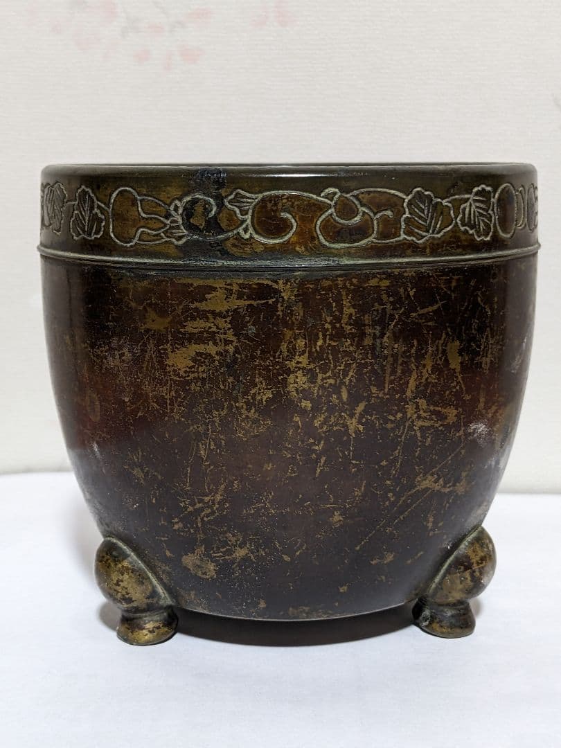 ♦中国 宣徳銅 唐金古玩 瓢箪に蔓紋様 三足火入 三足香炉 金属工芸 美術骨董品