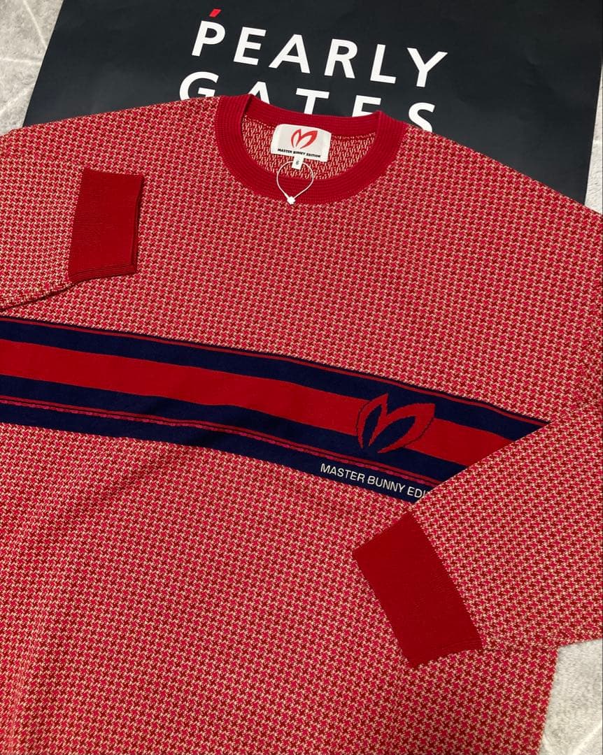 新品 パーリーゲイツ マスターバニー 千鳥編み込み ニット(6)サイズLL/赤