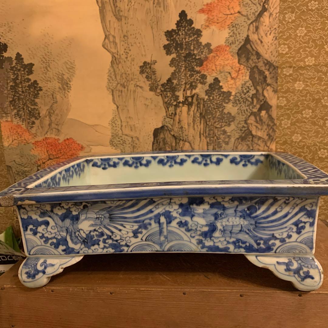 水盤  龍凤図　青華染附  大珍品　明治初期   アンティーク241