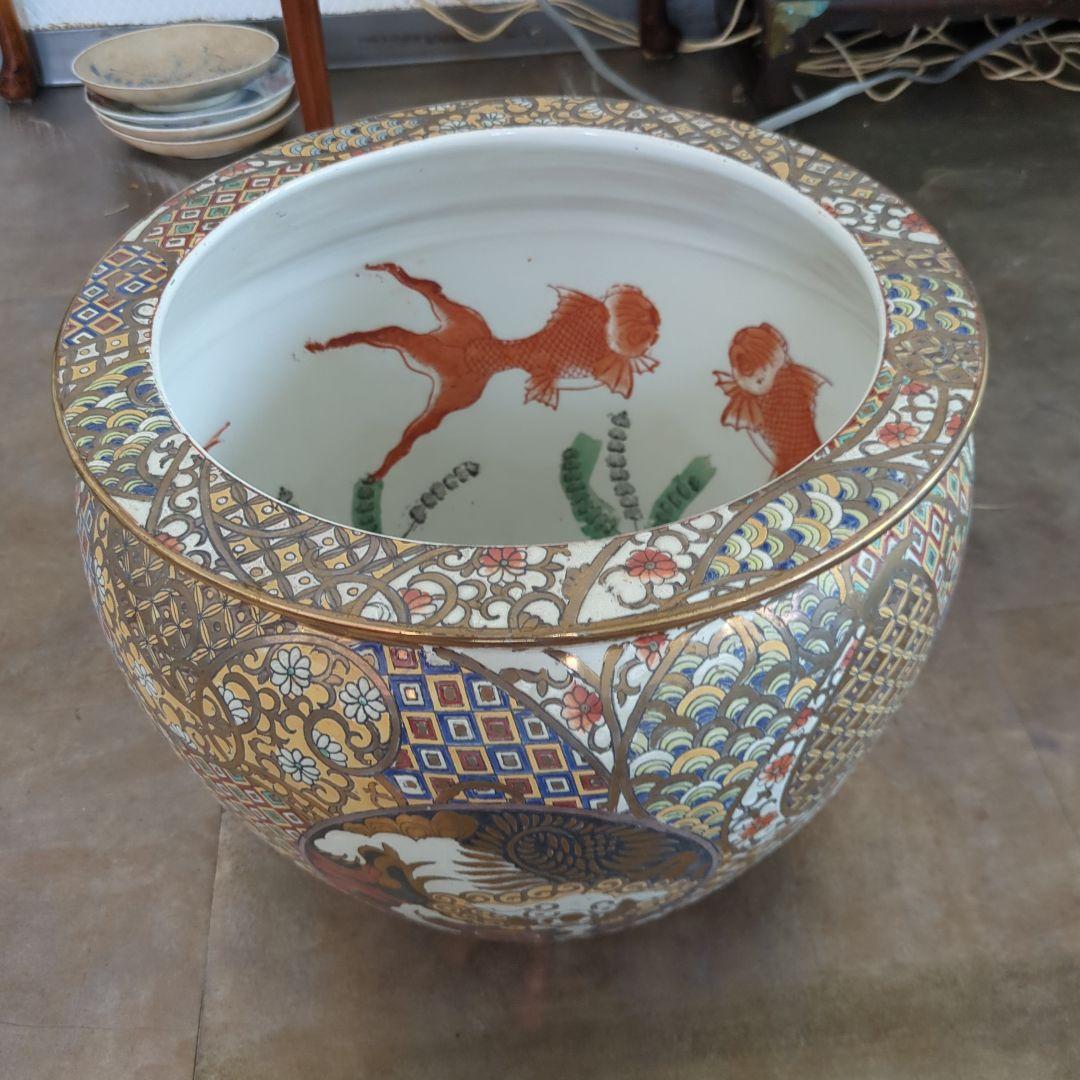 骨董 金魚 鉢 水鉢 めだか 睡蓮鉢 鉢カバー テーブル 金箔装飾 陶器鉢