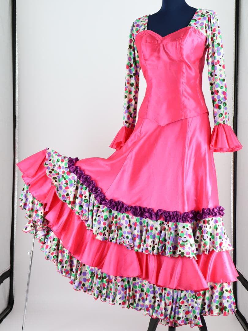 【美品 フラメンコ衣装】光沢ピンク×マルチカラー柄 ブラウス ファルダ スカート