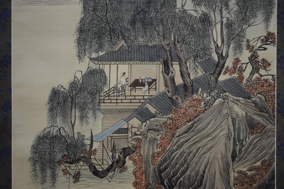 模写/唐寅/青緑山水人物図/布袋屋掛軸HG-660