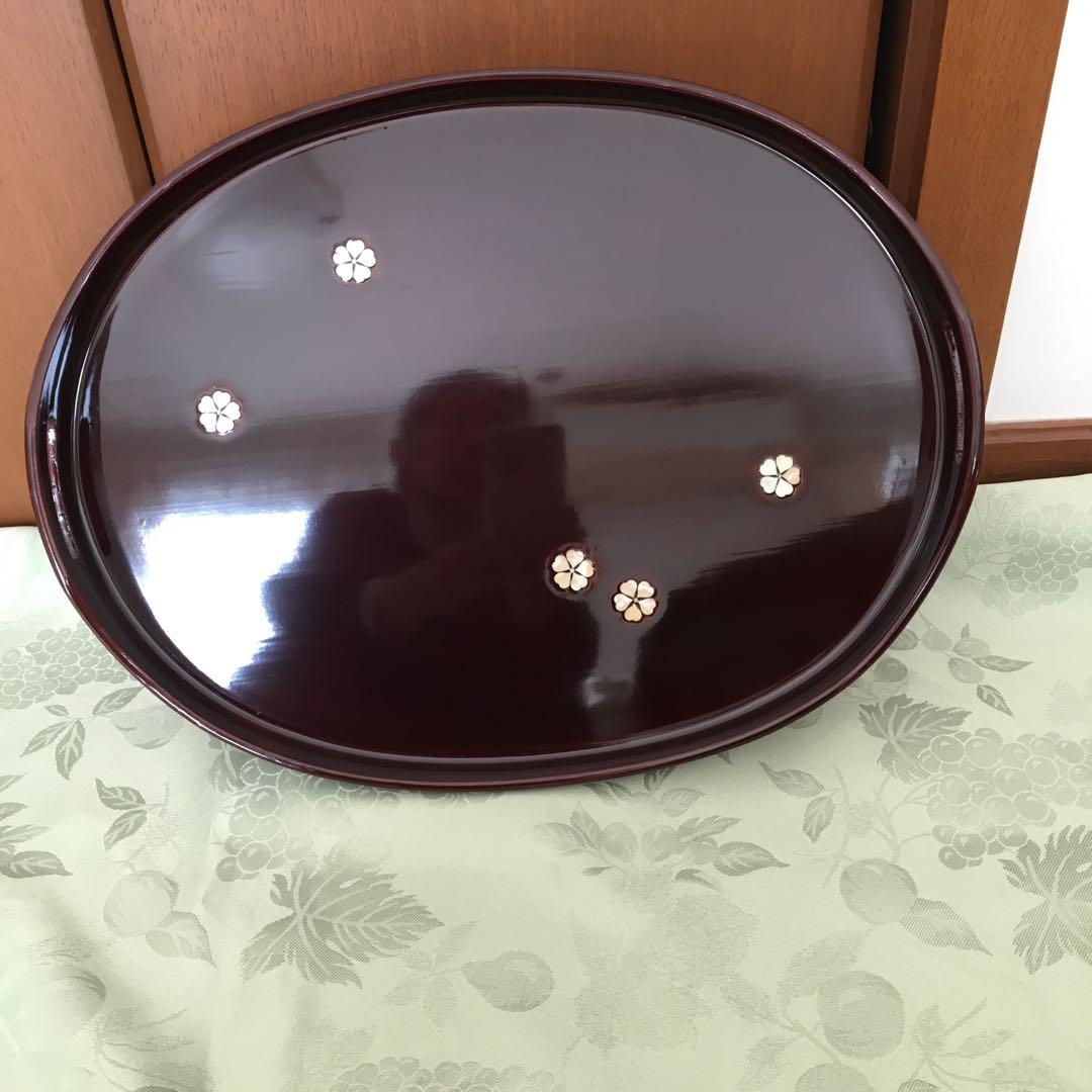 GG様リクエスト　輪島塗り　田村製/螺鈿桜文/ラウンド型手付き盆　ボルドーカラー