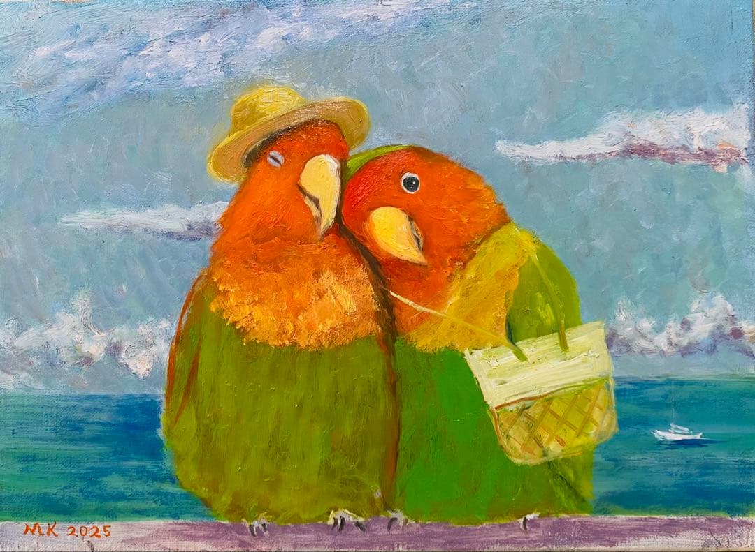 二羽の鳥 絵画 油彩画 油絵 F4 oil painting art