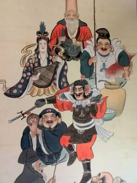 掛軸■七福神「崋山作」絹本 掛け軸 布袋様 大黒様 肉筆 古美術 骨董品■⑧