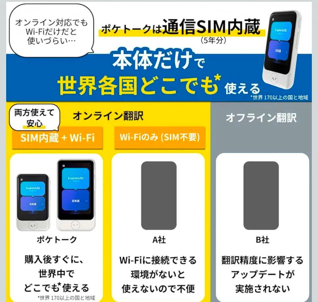 AI翻訳機 POCKETALK(ポケトーク)S2 グローバル通信5年付90言語