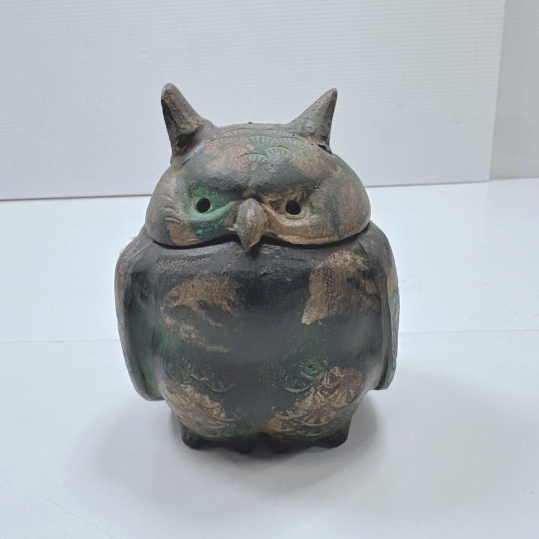 k1580 梟　香炉　鉄器　お香　フクロウ　骨董　レトロ　置物