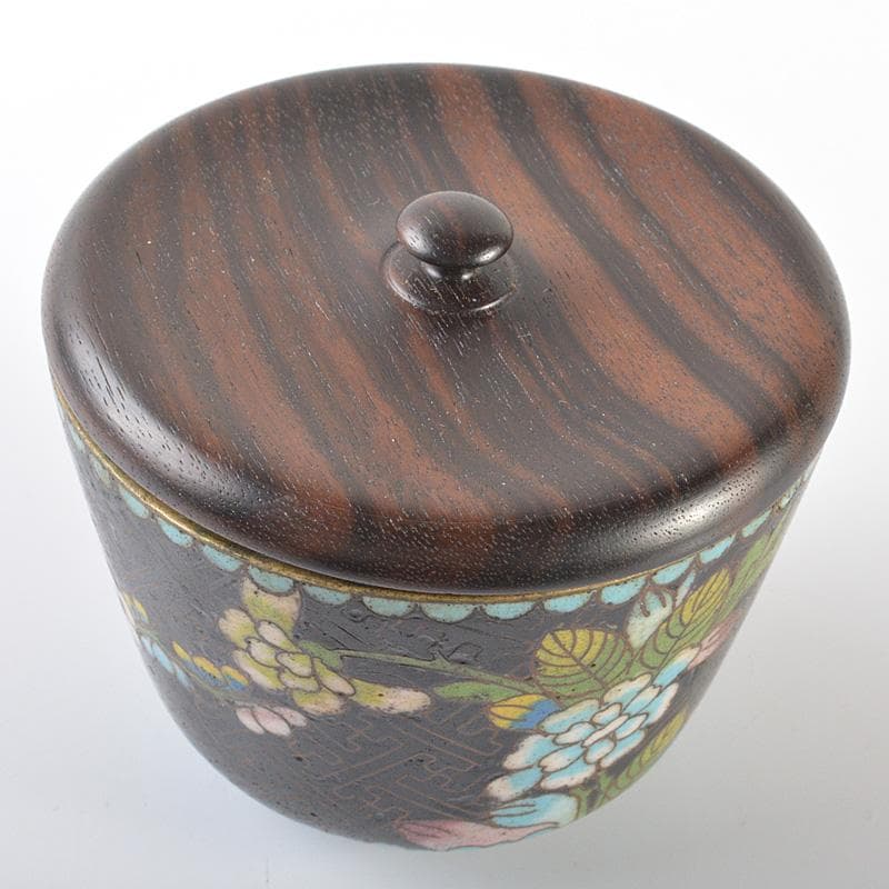 中国　古七宝琺瑯彩　花文　煎茶碗　黒柿蓋　時代箱　C　R6444