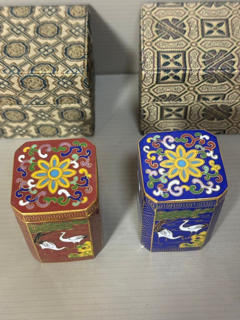 2161 七宝焼　景泰藍　鶴文　小物入れ　2客