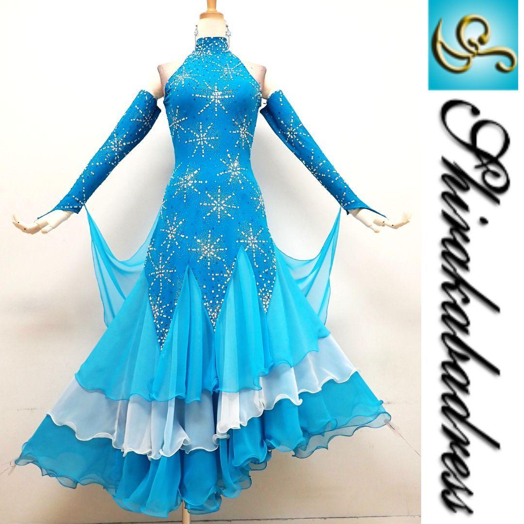 Y5434【白樺ドレス】M★水色/スワロフスキー/スタンダード☆社交ダンス
