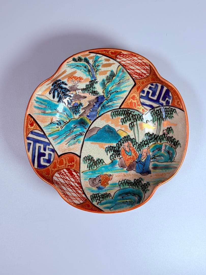 九谷焼　九谷庄三作　色絵風景図変形皿　五客　竹林賢人　窓絵　こだわりの器　手描き