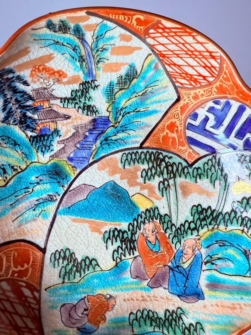 九谷焼　九谷庄三作　色絵風景図変形皿　五客　竹林賢人　窓絵　こだわりの器　手描き
