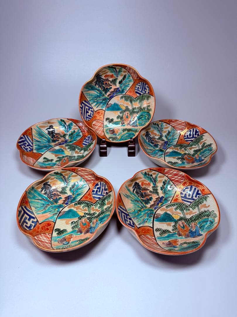 九谷焼　九谷庄三作　色絵風景図変形皿　五客　竹林賢人　窓絵　こだわりの器　手描き
