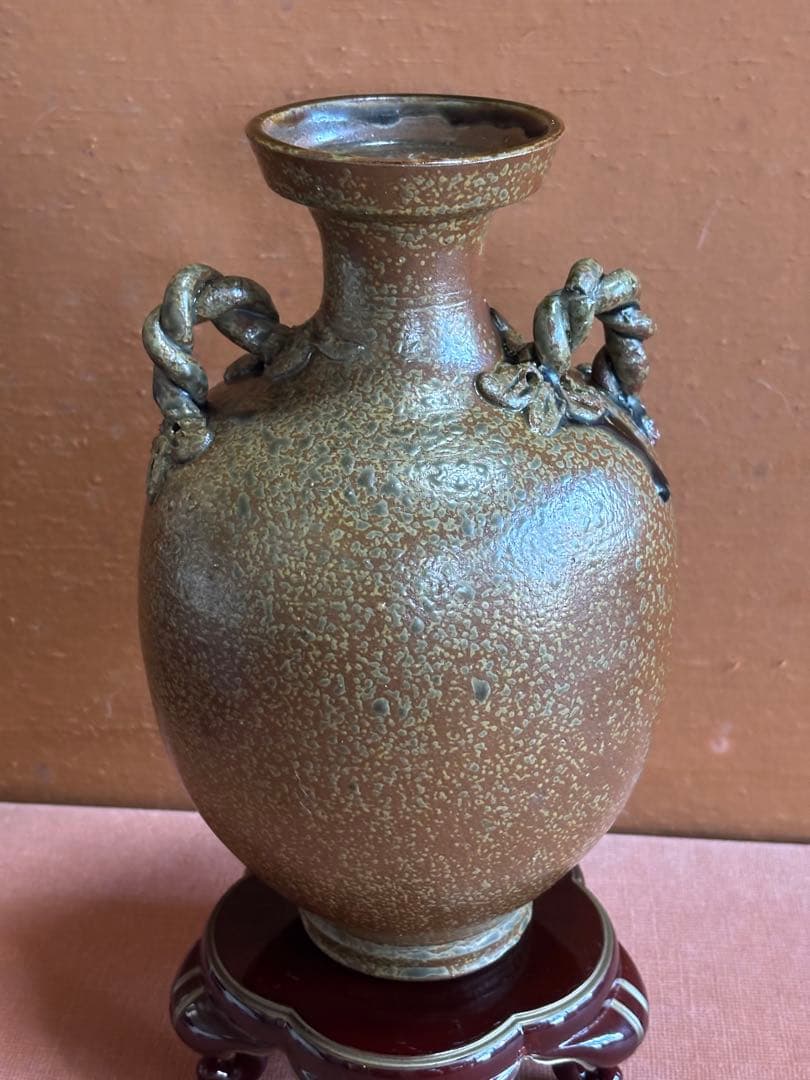 やまちゃん河井寛次郎作柿緑釉蔦捻双耳瓶　一点物　森の春のはじまり