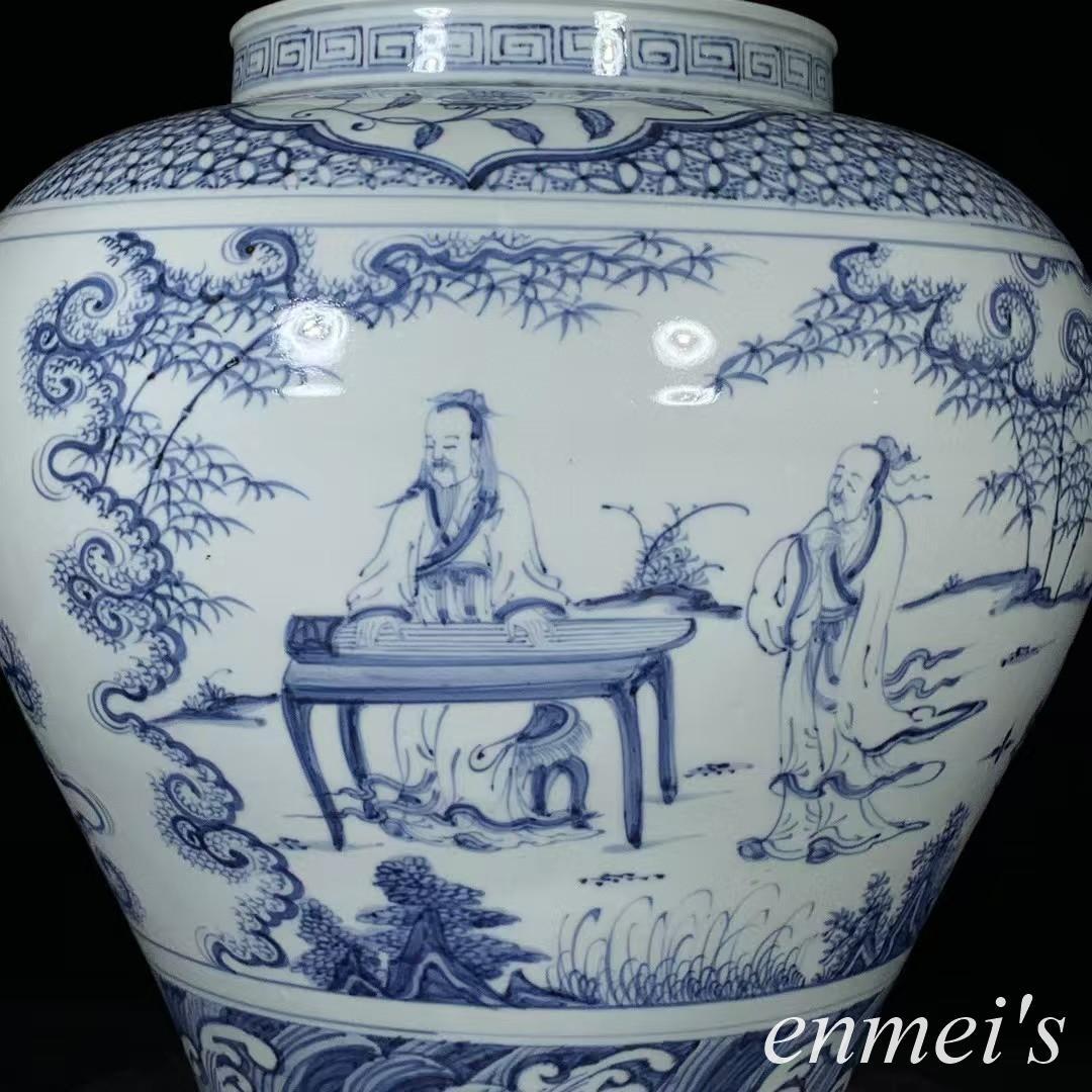 中国古美術✦明代正統期青花琴棋書画紋缶✦人物風景写意缶・文房具・純手描き・陶芸