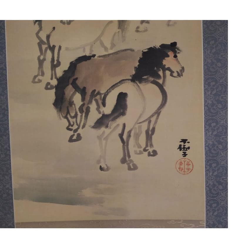 古い掛軸 鹿子木孟郎 不倒 馬の図 絹本竪幅 合わせ箱 日本画 j31