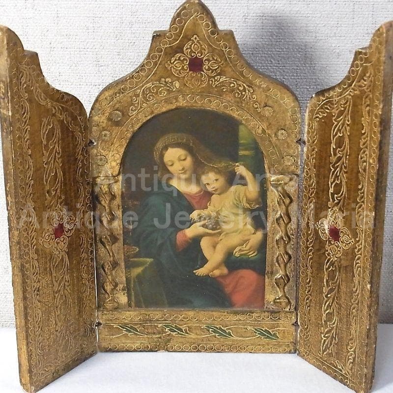 イタリア アンティーク　ピエール・ミニャール 葡萄の房を持つ聖母３枚続きの祭壇画