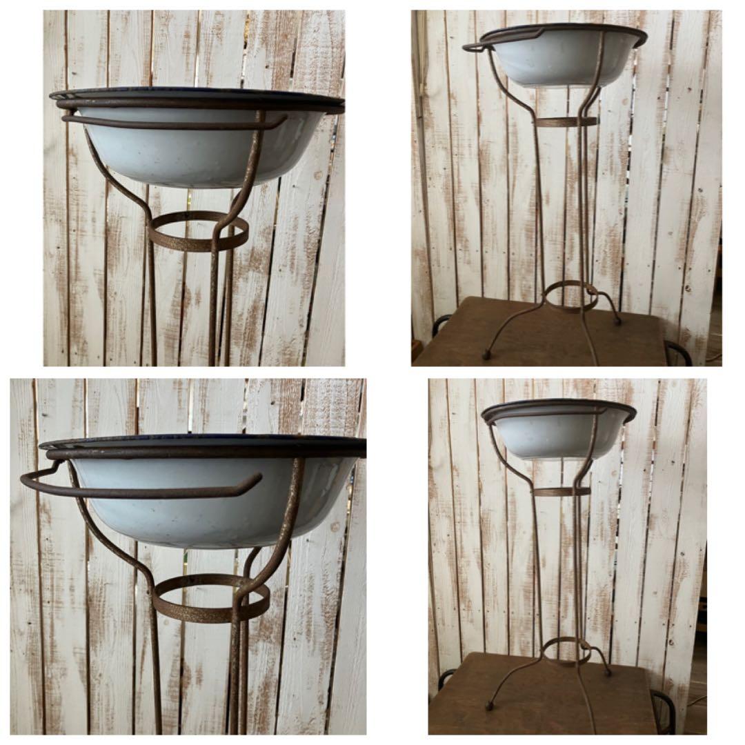 アンティーク ホーロー 洗面台　ボウル タオル掛け付き　三脚スタンド