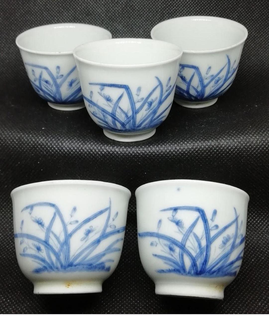 【お値下げ】骨董　煎茶茶碗　蘭の図（ぐい飲み）５客　ホツ有り