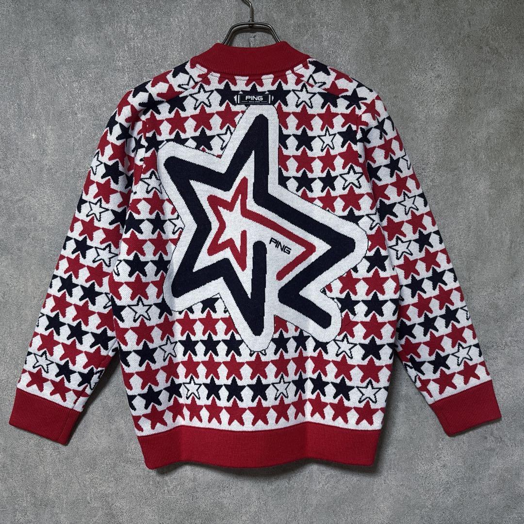 【新品】 PING ピン 総柄 星 ウール混 ニット ジャケット レッド L