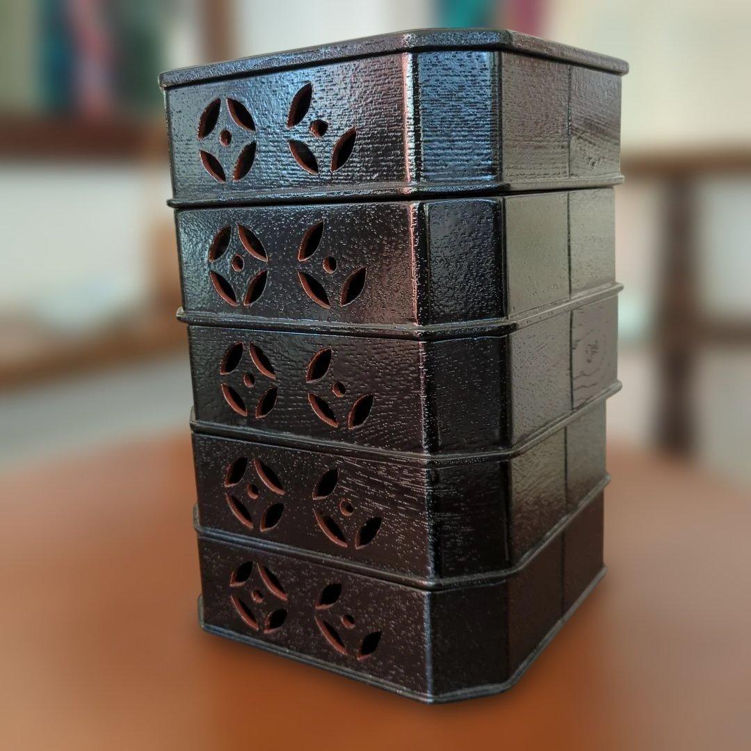 縁高　柿合　七宝透かし　木製　茶道具　茶道漆　漆器　5段　紙箱