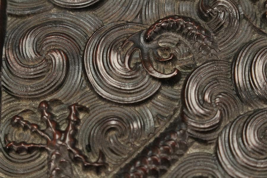 中国美術 紫檀 刻龍紋 四方蓋物(K-A834)