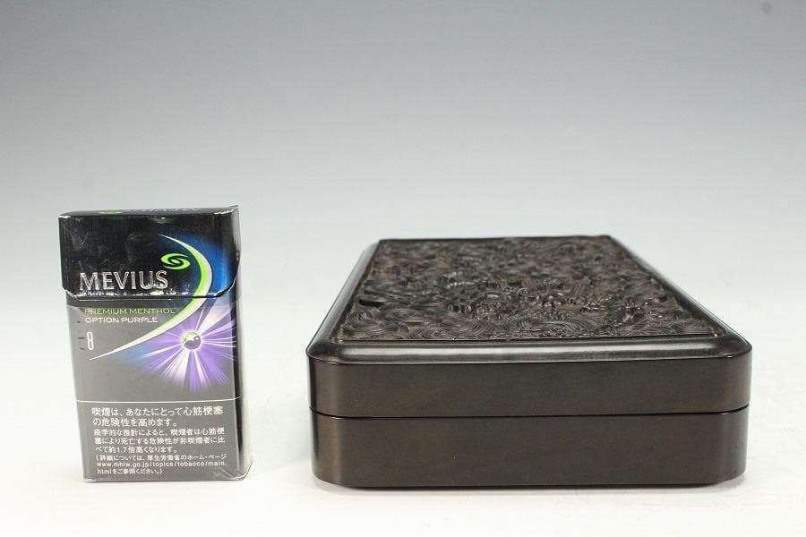 中国美術 紫檀 刻龍紋 四方蓋物(K-A834)