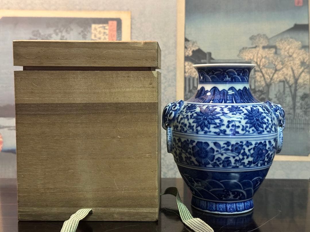 染付雙耳小壺 大清乾隆年製 清花瓶 箱付 中國古美術 高 15cm