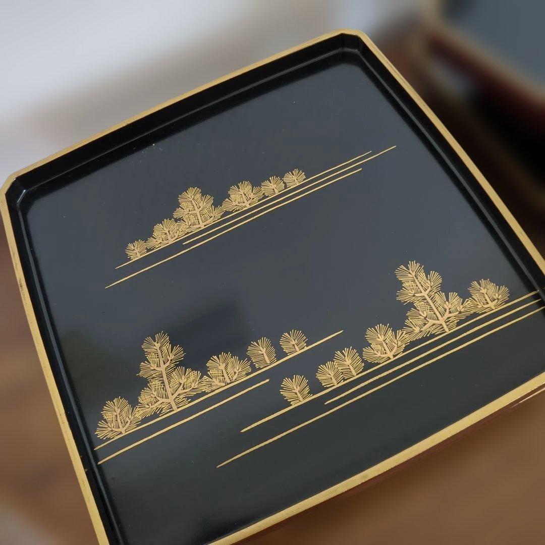 骨董　お膳　若松　蒔絵　角切　木製　漆器　脚付き　お盆　5枚