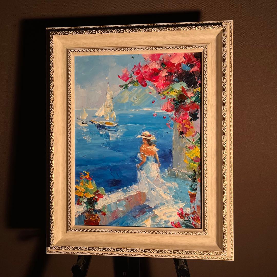 手書き油絵 窓辺の風景 額付 絵画 インテリア 油彩画