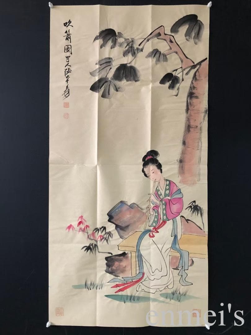 中国古美術・純手描き仕女図三尺画芯・水墨・彩色画・張大千印款・書道品・带水印・書