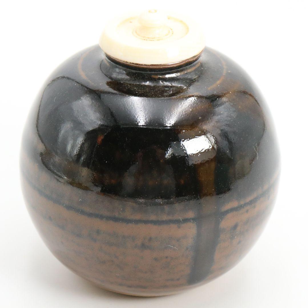 松本鐵山作 唐物 大名物写 珠光文琳茶入 有楽緞子仕覆 茶道具　V914　N9