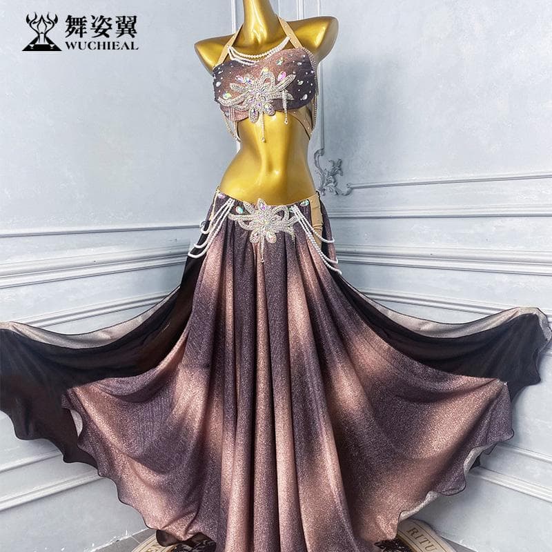 新品 ベリーダンス衣装 高級舞台用 コーヒー ロングスカートセット M L