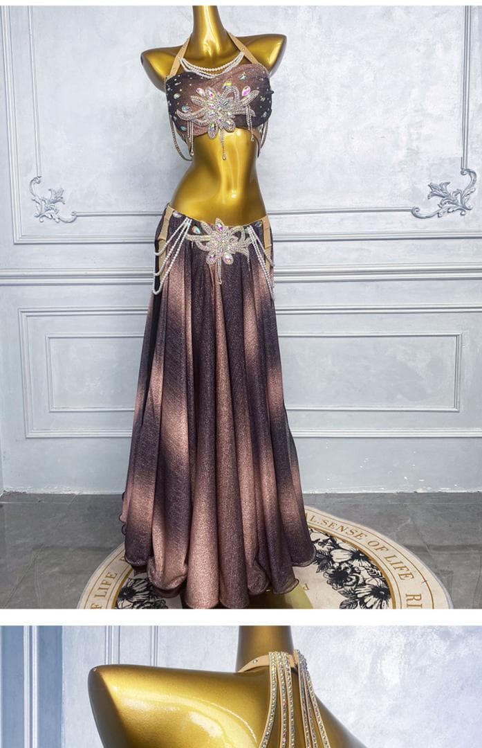 新品 ベリーダンス衣装 高級舞台用 コーヒー ロングスカートセット M L