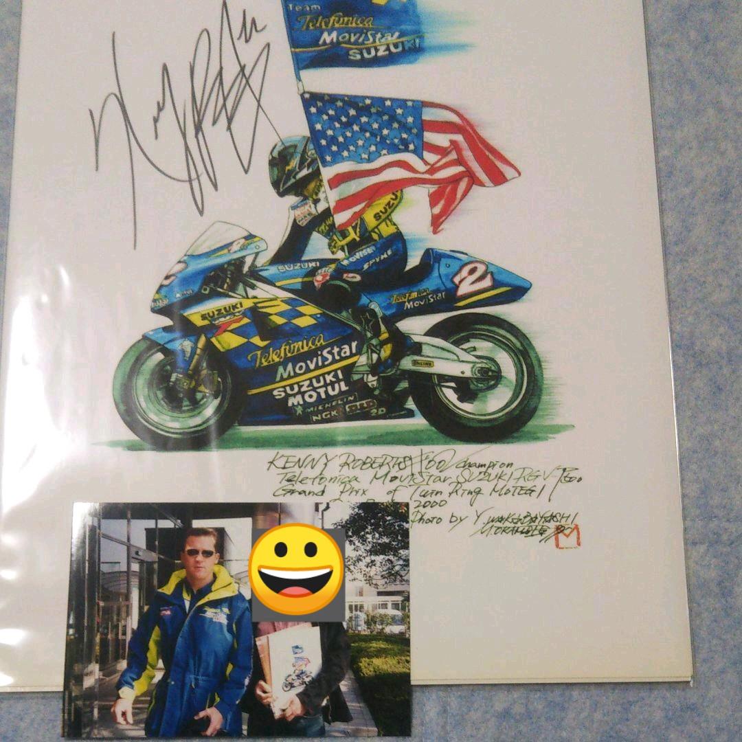 ケニーロバーツJr直筆サイン入りイラスト、キャップ、ステッカー