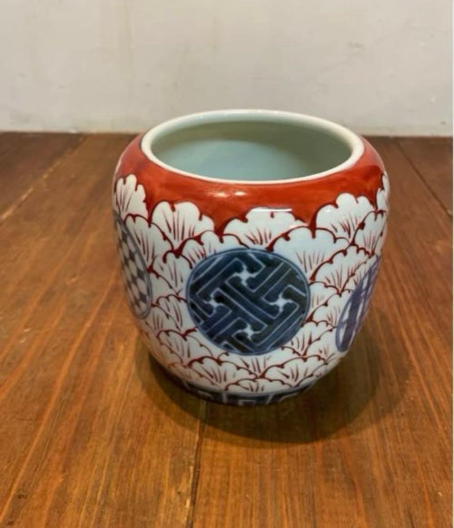 美品　伊万里　色絵　草花丸文　冨貴長春　鉢　火鉢　染付　小　年代物　焼物