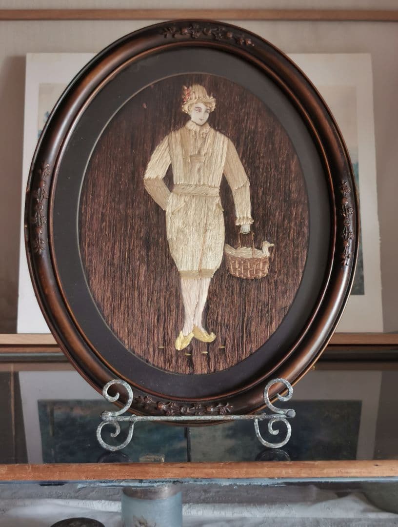 アンティーク 美しいシルク刺繍絵 額装 オランダ民族衣装/正装 少年と籠とアヒル