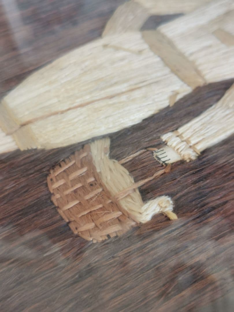 アンティーク 美しいシルク刺繍絵 額装 オランダ民族衣装/正装 少年と籠とアヒル