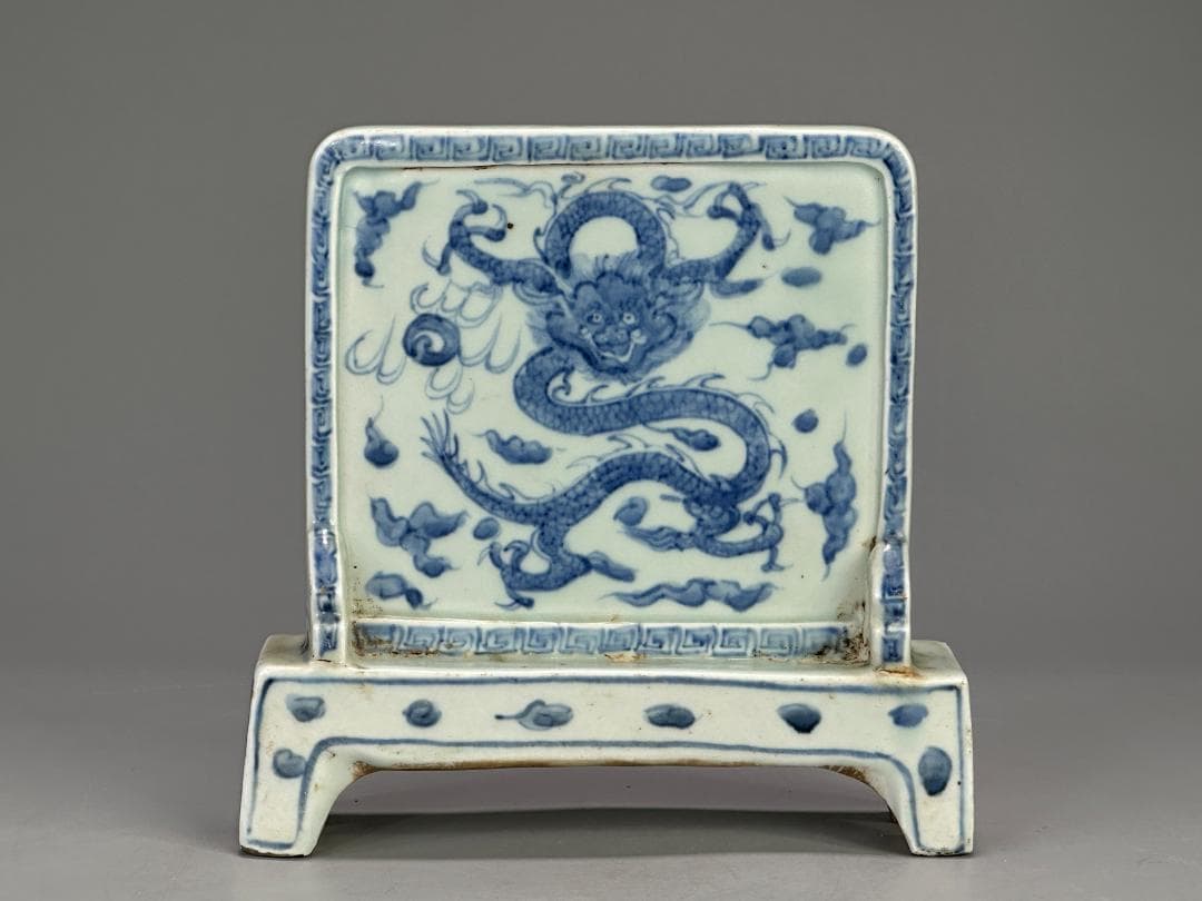中国美術　明〜清時代　青花龍文硯屏　置物　時代　古物　唐物
