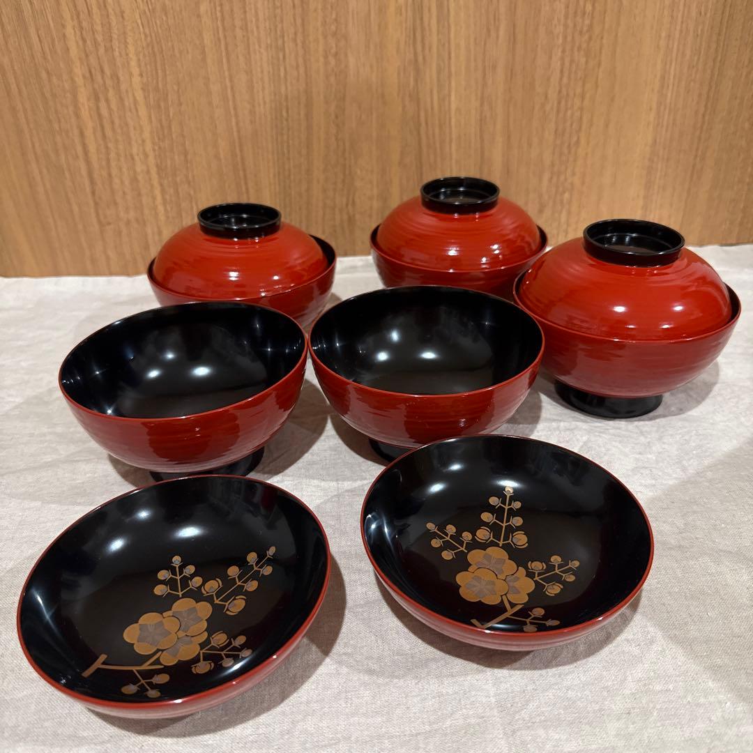漆器 山田平安堂　平安造　朱色　黒　梅　蒔絵　椀