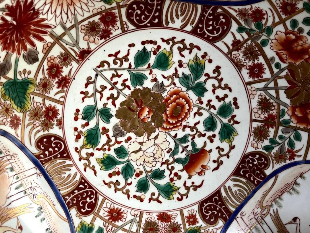 大鉢■みごとな赤絵金襴手大鉢 窓花鳥図 牡丹 松竹梅 菊 手描 江戸期 骨董品■