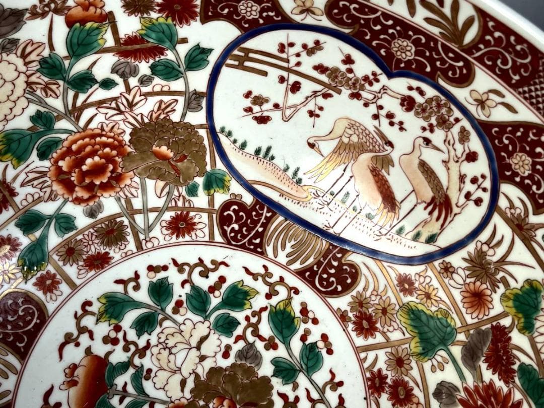 大鉢■みごとな赤絵金襴手大鉢 窓花鳥図 牡丹 松竹梅 菊 手描 江戸期 骨董品■