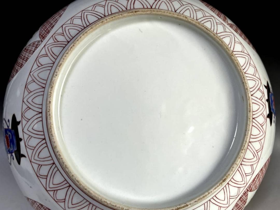 大鉢■みごとな赤絵金襴手大鉢 窓花鳥図 牡丹 松竹梅 菊 手描 江戸期 骨董品■