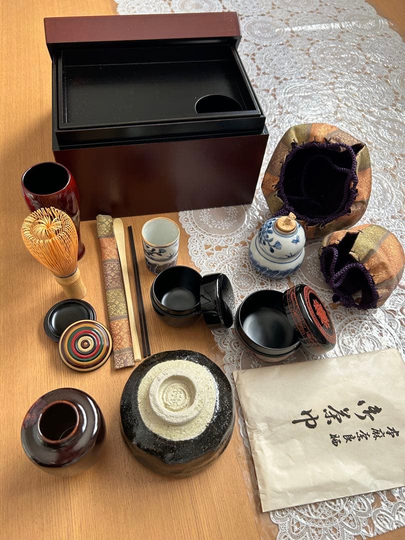 茶道具セット 一式 焦茶箱付き 木箱のサイズ 約高さ14㌢幅21㌢奥行き15㌢