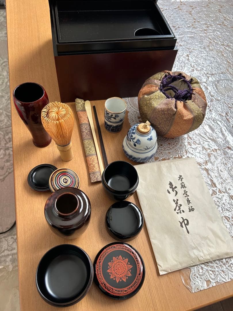 茶道具セット 一式 焦茶箱付き 木箱のサイズ 約高さ14㌢幅21㌢奥行き15㌢