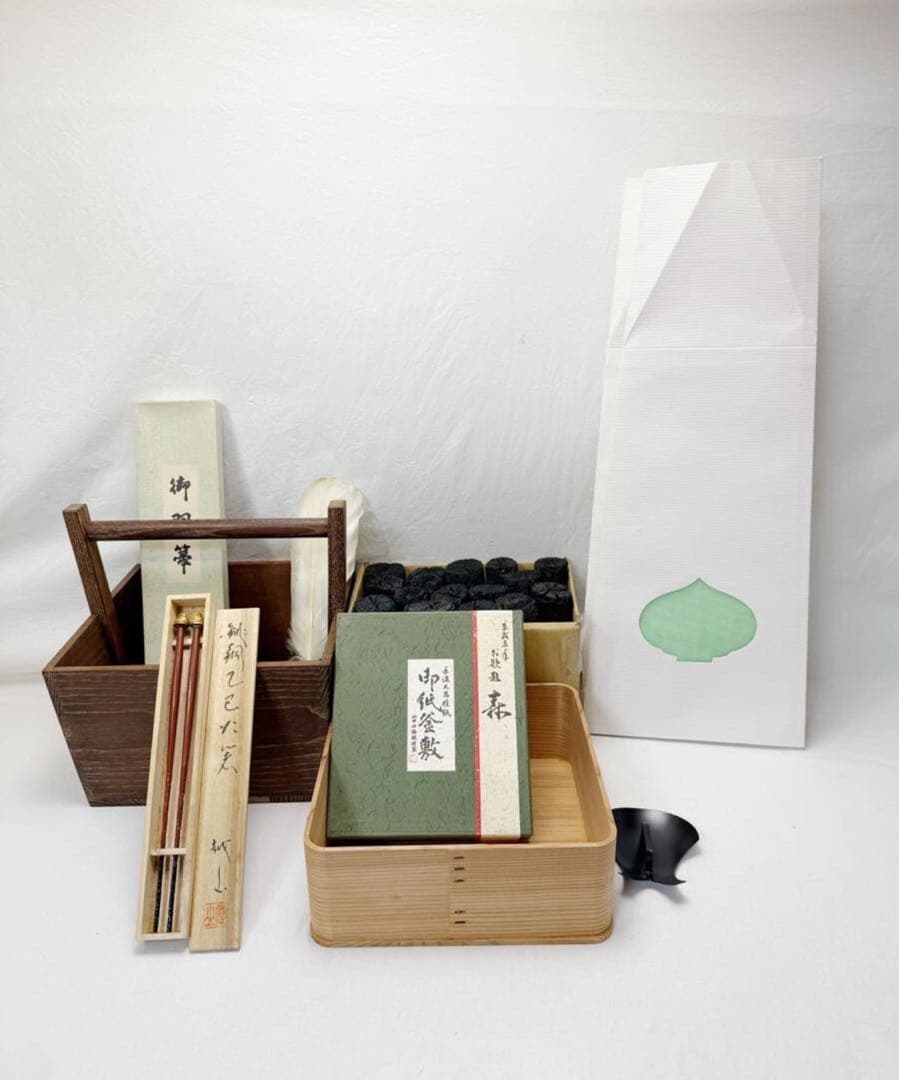 茶道具 桑 炭斗 羽帚 銅火箸 神折敷 紙釜敷 炭 雪洞 大判型灰押 Ｕ型8点