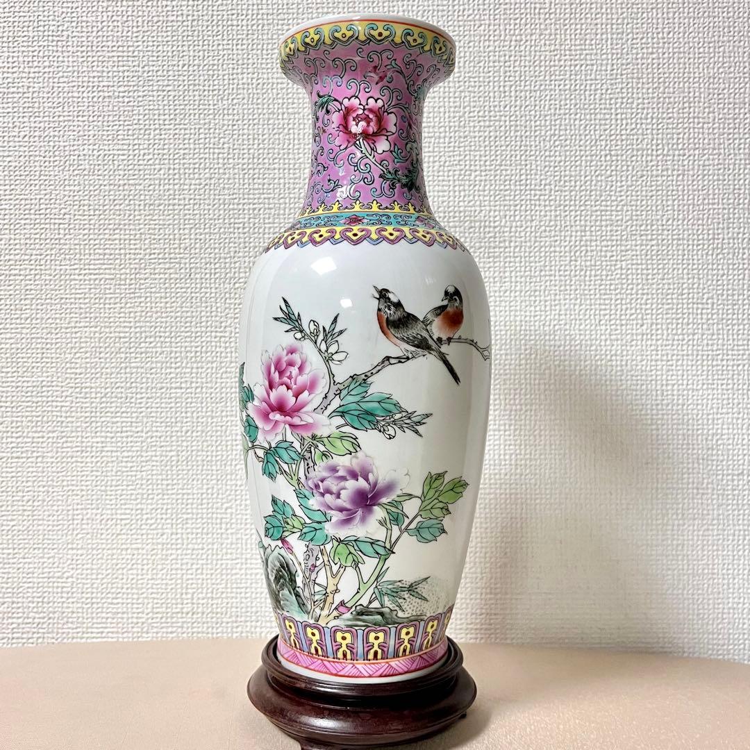 【12/25迄期間限定お値引き】★アンティーク　中国花器　牡丹鳥文詩文款　花器